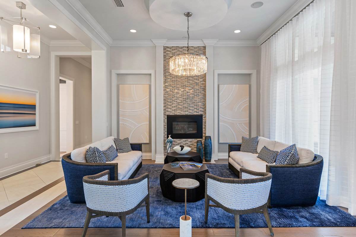 formal living room with blue and white decor